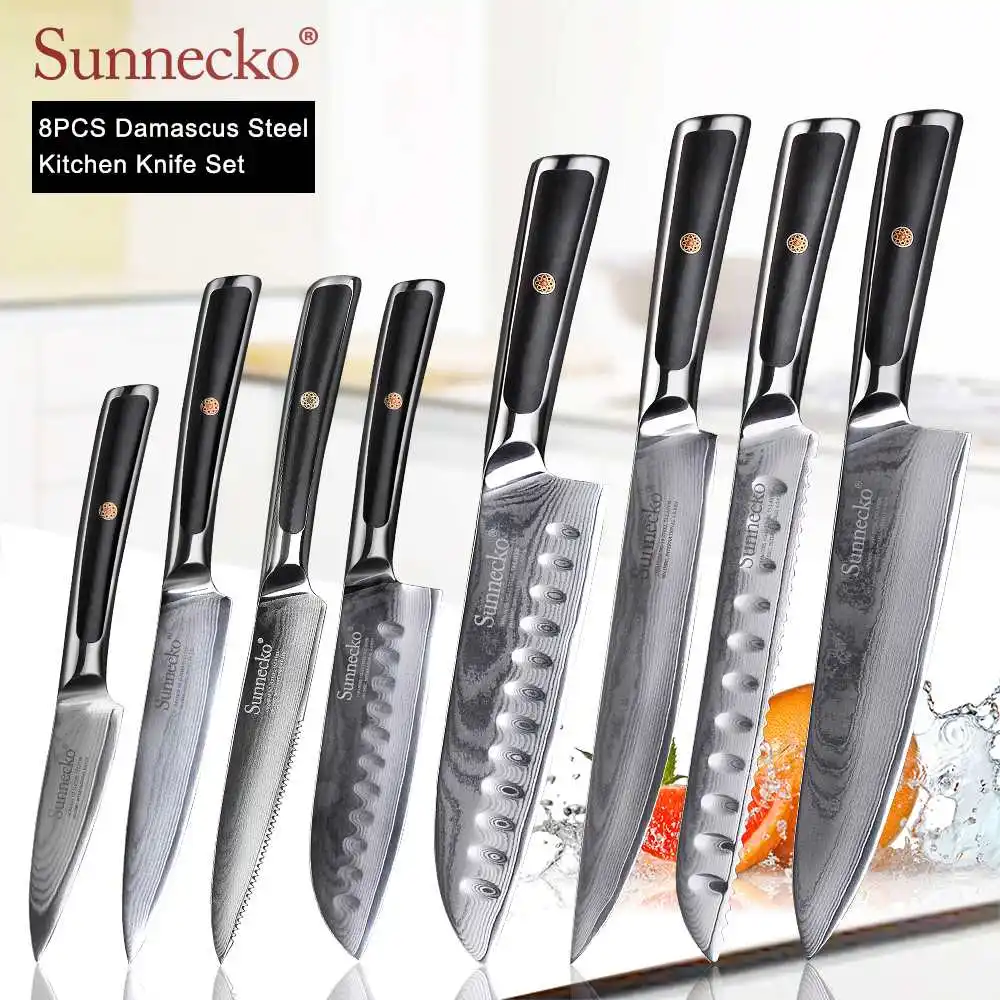 8pcs Set SUNNECKO дамасский нож шеф-повара для очистки хлеба Santoku нож для стейка японский VG10 Сталь G10 ручка для резки мяса набор кухонных ножей - Цвет: 8pcs Set