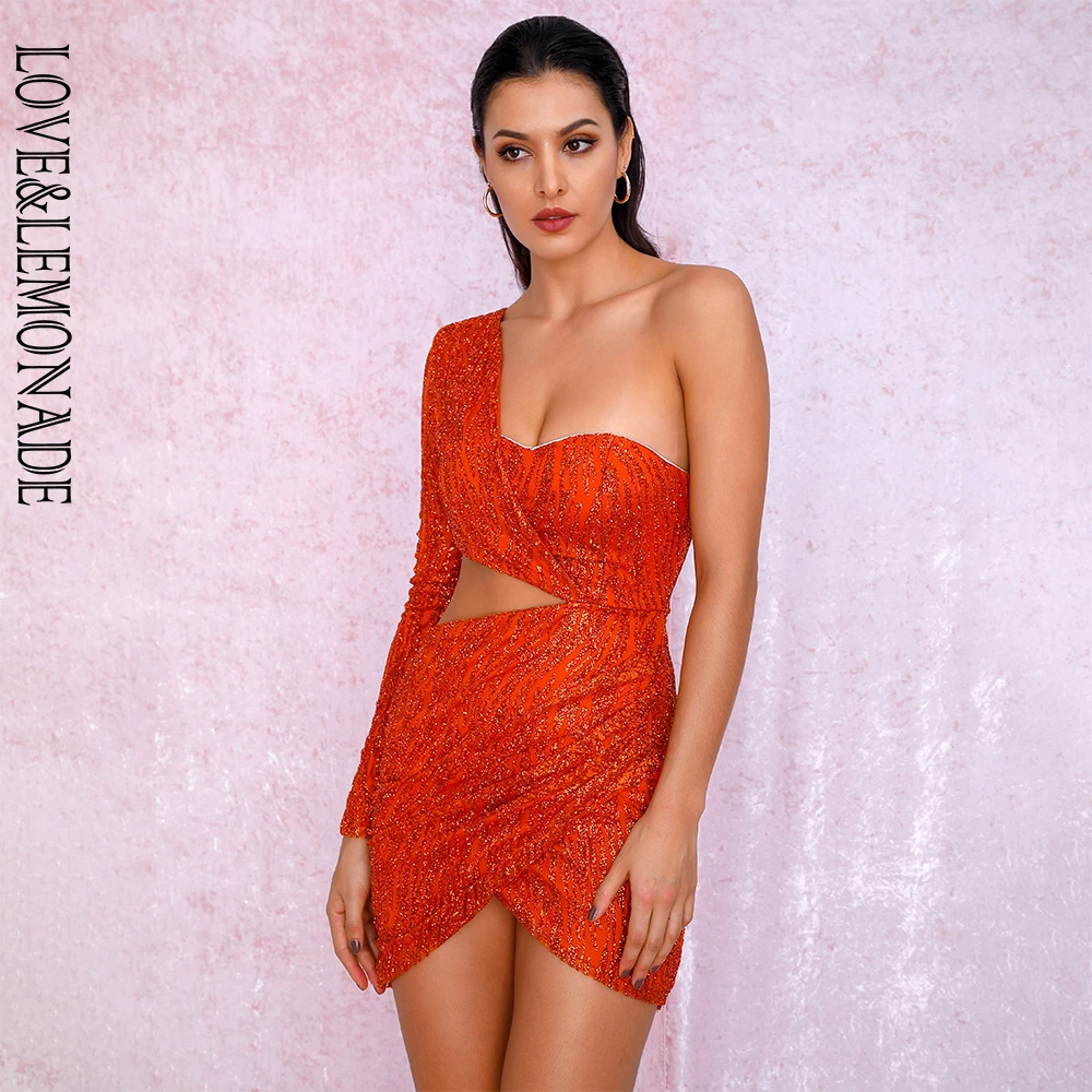 Женское вечернее платье LOVE & LEMONADE оранжевое облегающее с вырезами одним рукавом и