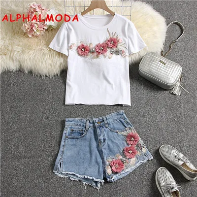 ALPHALMODA модные 3D футболки с цветочным узором+ шорты комплекты из 2 предметов Красивая Цветочная футболка летние шорты костюмы - Цвет: Белый