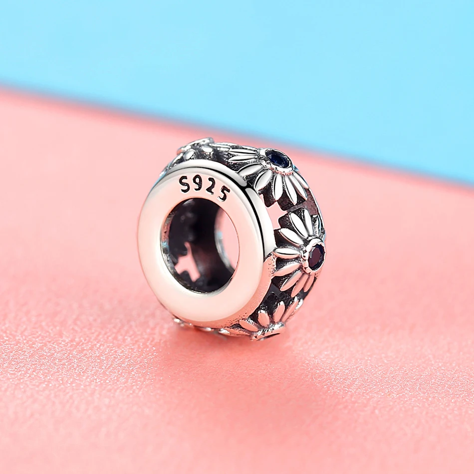 В европейском стиле Дейзи цветок бусины синий CZ из стерлингового серебра 925