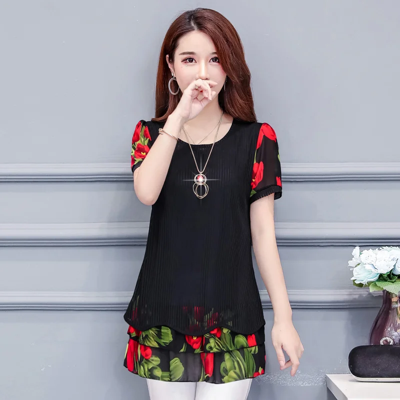 

New fashion plus size short sleeve women shirts 2021 summer chiffon loose casual printing O-Neck women blouses 4610 50