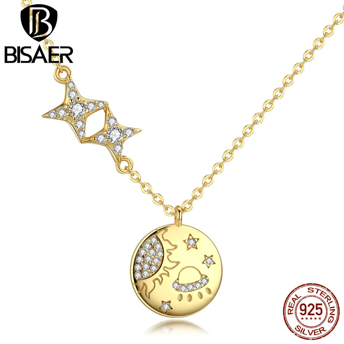BISAER 925 пробы серебряный кулон ожерелье s золотой цвет медальон в форме монеты ожерелье Подвески женские ювелирные изделия из стерлингового серебра ECN281