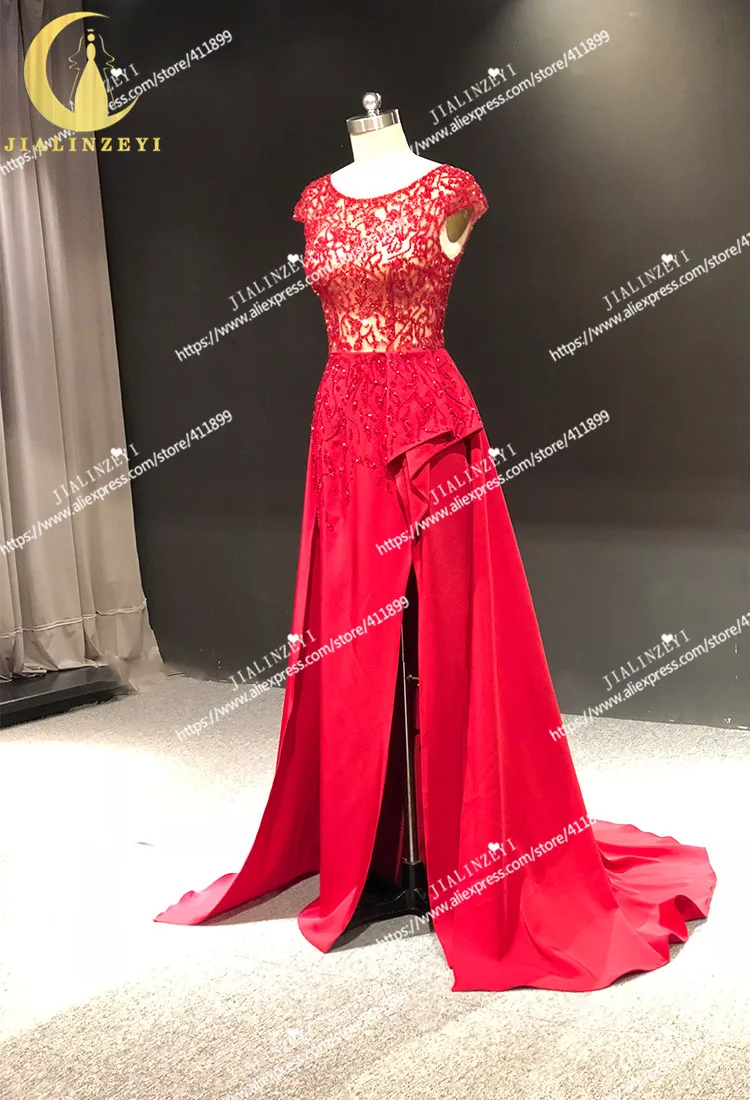 JIALINZEYI Real Sample Picture Red Cap Sleeves Beads Slit Satin Fashion vestidos de novia Dress for Party Evening Dresses