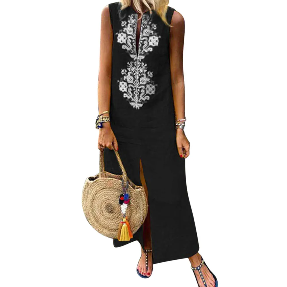 

Women Summer Dresses 2019 Fashion Bohemia Sleeveless Embroidery V Neck Vintage Dress Holiday Party Beach Dress Feminina Vestidos