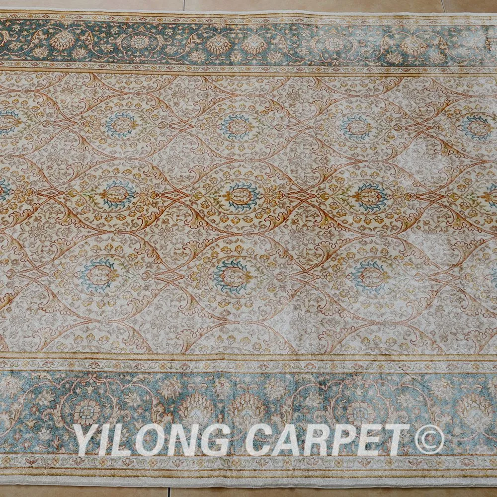 Yilong 3 5 'x 5' Восточная шелковая ковровая дорожка бежевая Изысканная маленькая