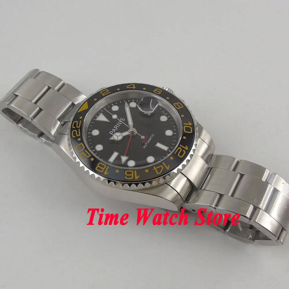 Мужские автоматические часы Parnis GMT 3804 40 мм черный циферблат сапфировое стекло
