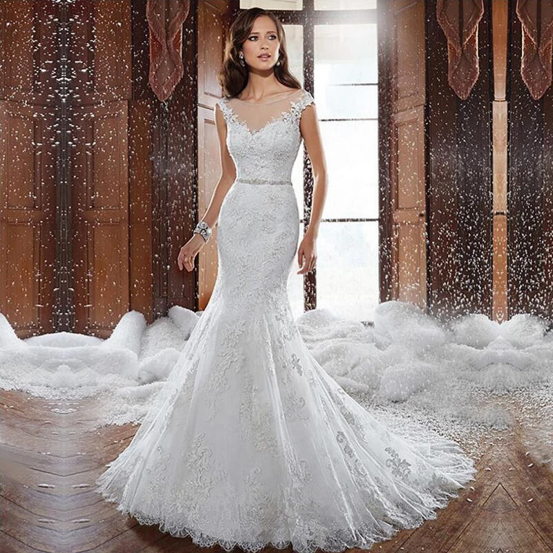 Женское свадебное платье Fansmile белое кружевное невесты со шлейфом модель