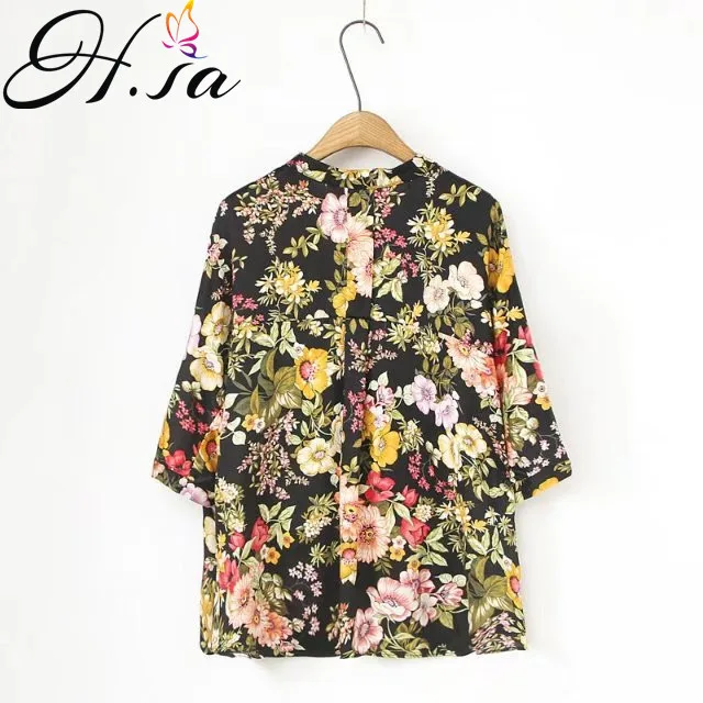 Женская Туника H.SA черная/белая блузка с коротким рукавом и цветочным принтом