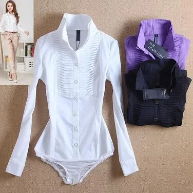 

New Fashion Women's OL stand collar siamese shirt long sleeve workwear slim white purple black Elegant blouse tops