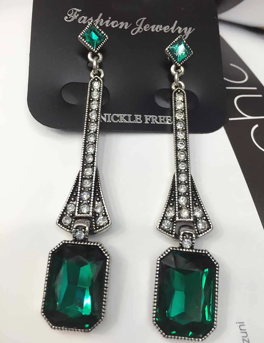 YaYi Green Glass White Rhinestone Long Dangle Earring Women's Fashion Ancient Silver Earrings gems For Women Girls | Украшения и