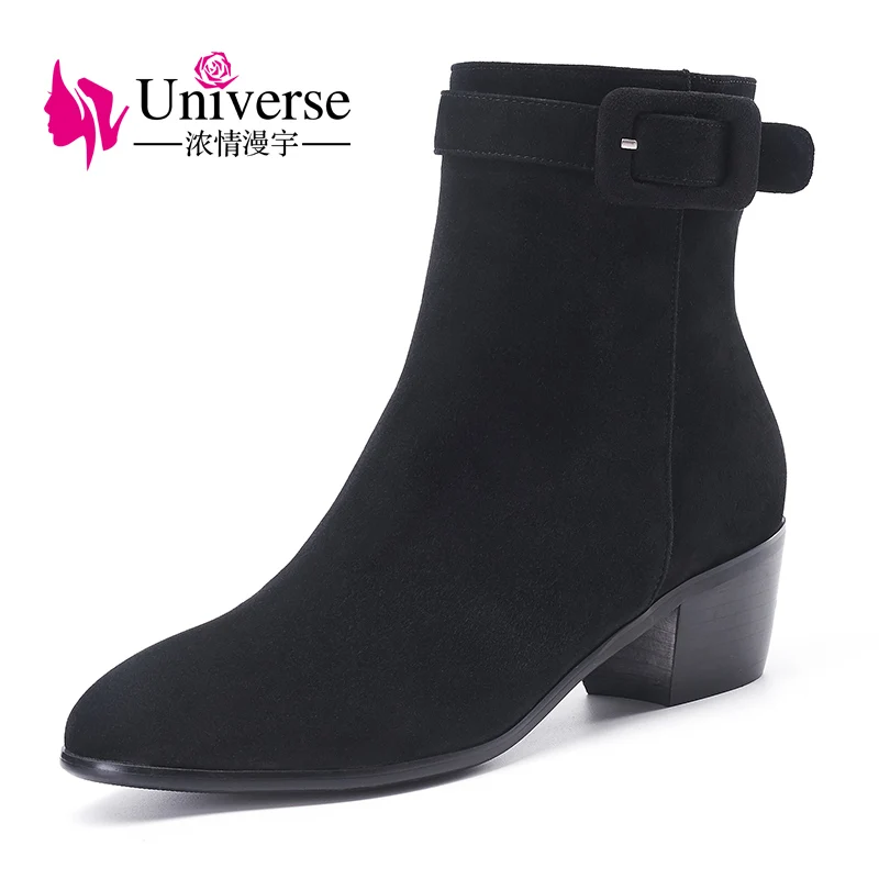 

Universe new winter boots women high quality kid suede ankle boots elegant stylish boots comfortable square heel shoes G228