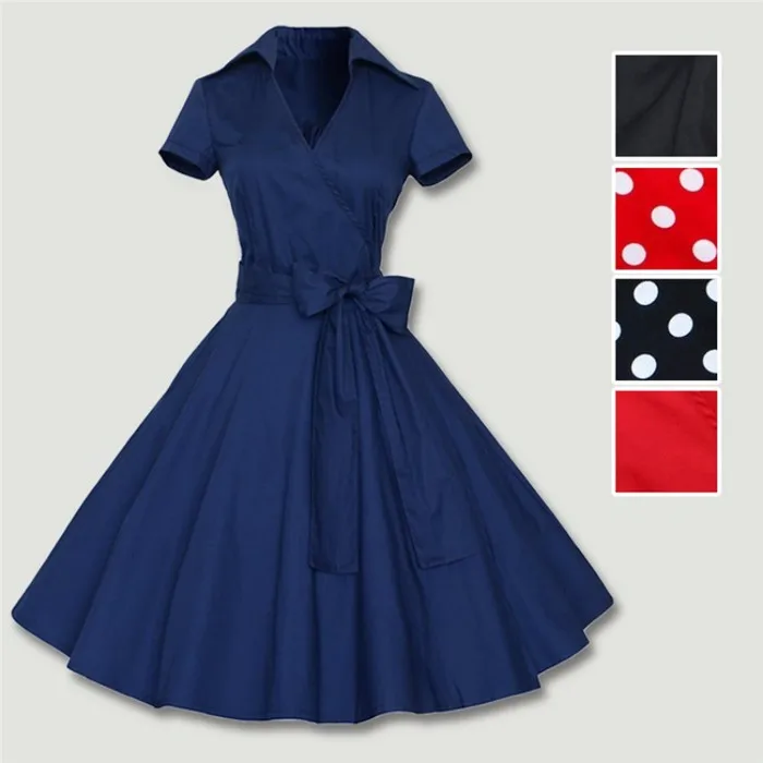 Eyegemix S-2XL женское ретро платье 50s 60s Винтаж рокабилли Свинг feminino vestidos V образным вырезом короткий рукав платье в горошек