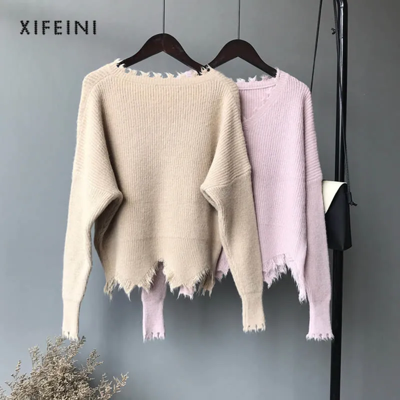 XIFEINI Для женщин свитер кисточкой нищий нерегулярные леди новый 2018 V-образным