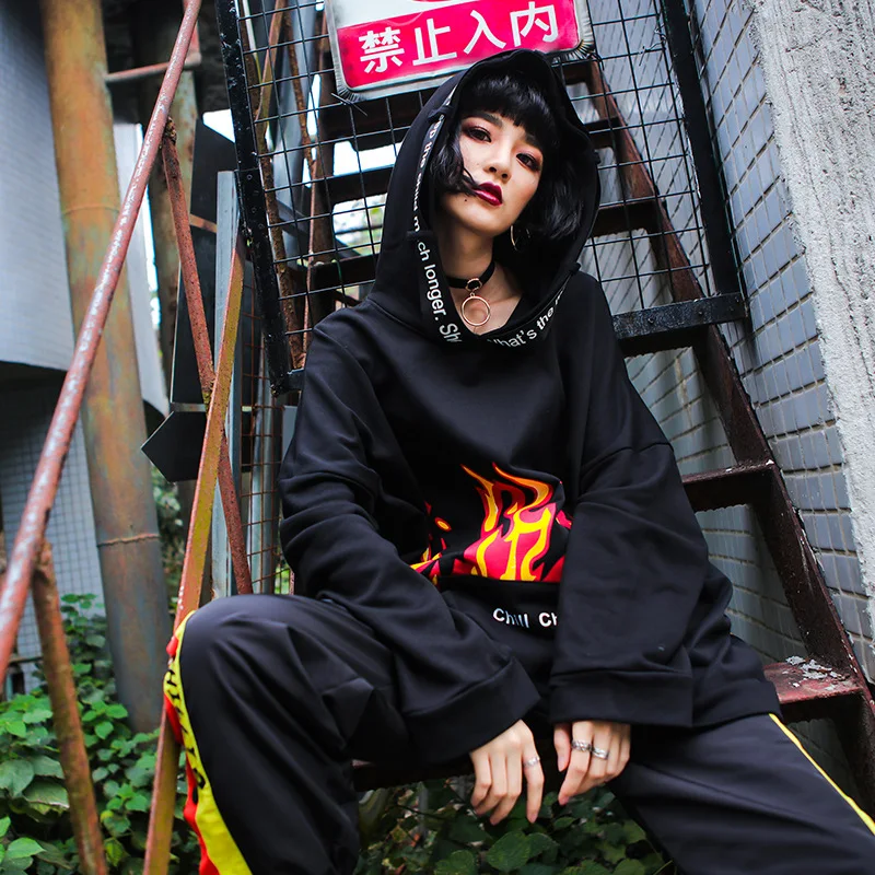 Женский свитер с капюшоном Vefadisa свободный длинным рукавом и принтом огня большие