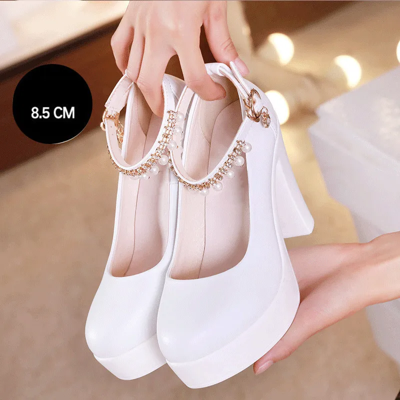 White Pumps8.5 CM Ariari/пикантные женские туфли на высоком каблуке с Т-образным ремешком; модные жемчужные туфли-лодочки на платформе; обувь из натуральной кожи; женские туфли с ремешком и пряжкой; Свадебные вечерние туфли - Цвет: White Pumps8.5 CM
