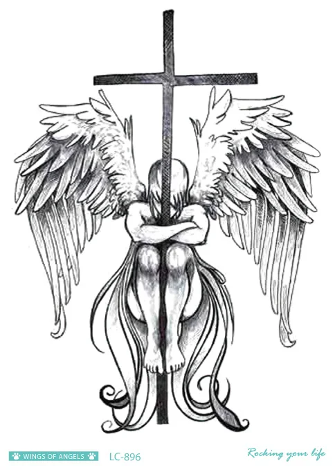 LC-896 Rocooart эскиз Ангел поддельные татуировки крест крылья большое тату для мужчин временные татуировки наклейки для боди-арт татуаж временный женский - Цвет: LC-896