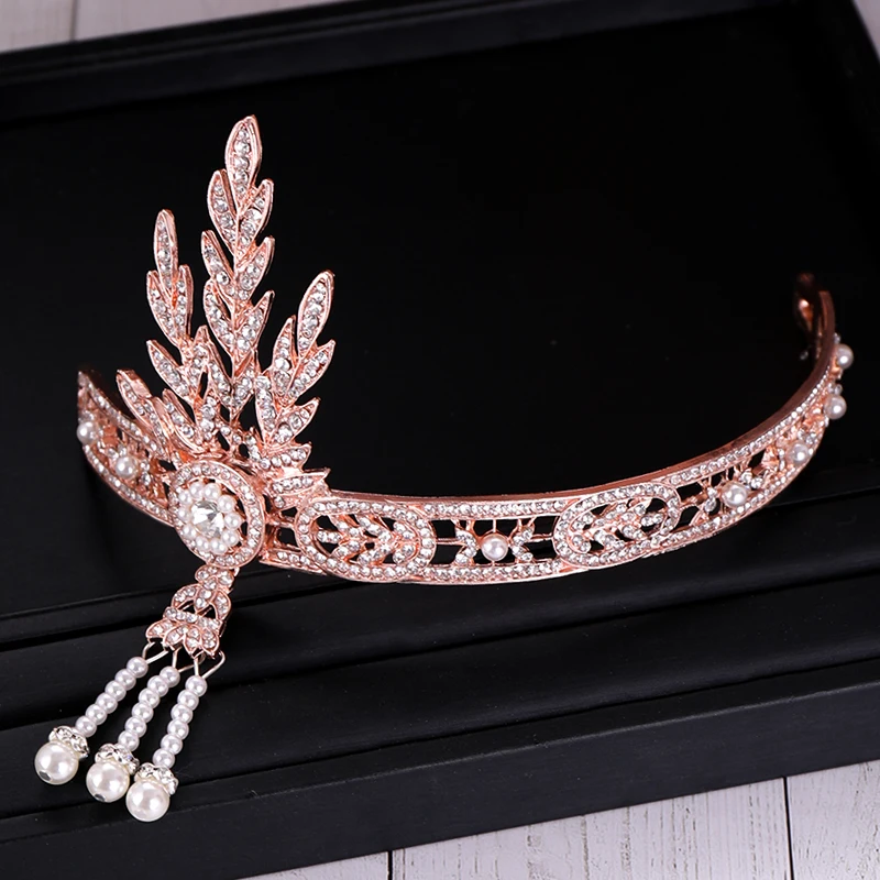 

Luxury Rose Gold Tiaras And Crowns For Women Crystal Pearls Hair Jewelry Queen Diadems Bridal Headbands Wedding Hair Accessories
