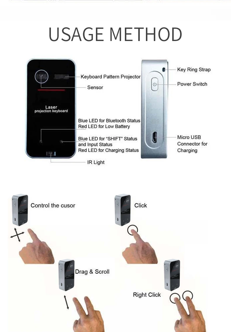 Bluetooth лазерная клавиатура беспроводная Виртуальная проекционная клавиатура портативная для Iphone Android смартфон Ipad планшет ПК ноутбук
