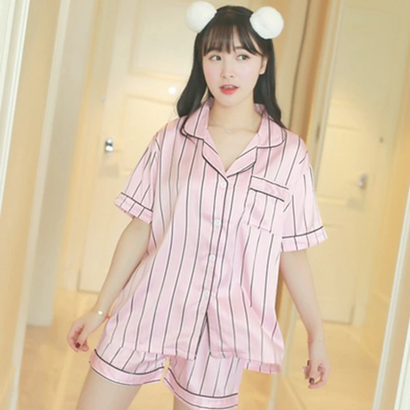 Новинка 2018 г. с короткими рукавами Короткие штаны шелка в полоску рубашка