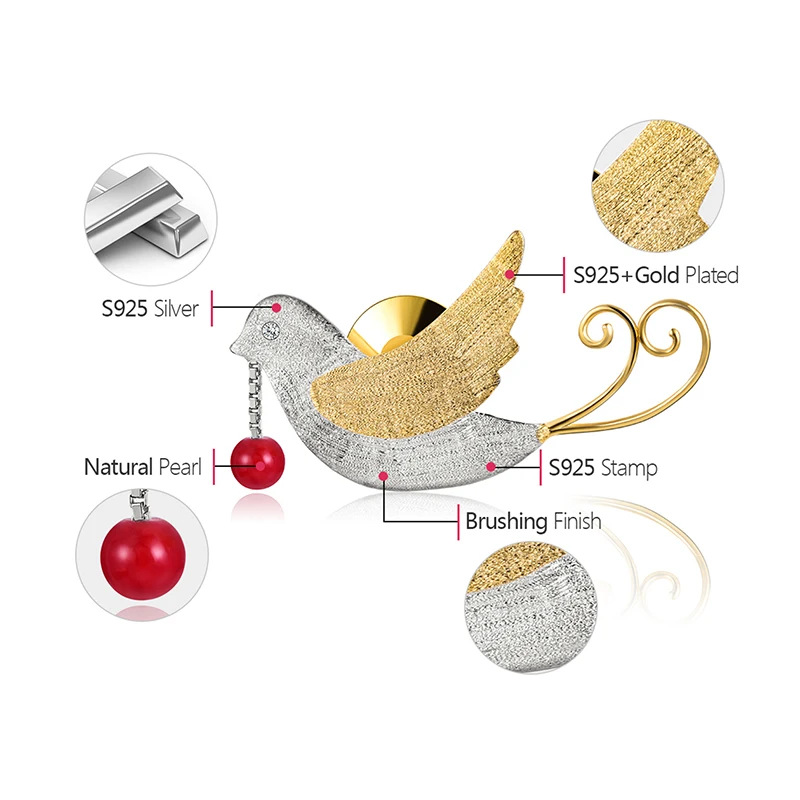 Lotus Fun реальные 925 пробы серебро ручной работы Fine Jewelry Творческий полет птиц с фруктами броши для Для женщин милый подарок