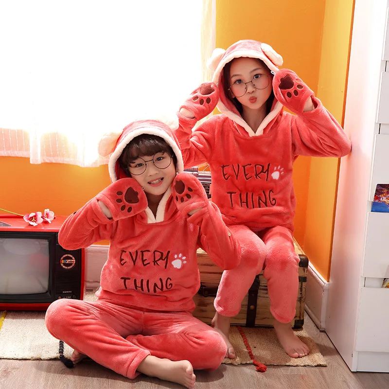 Children Flannel Pajamas Kids Coral Fleece Pyjamas Girls Cartoon Sleepwear Boys Nightwear Winter Clothes Unisex Pijamas Set 2pcs | Детская - Фото №1
