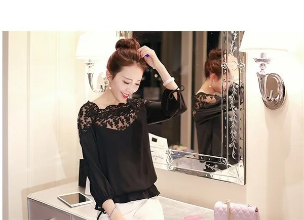 Для женщин блузки 2018 шифон Твердые Puff Рукавами кружева уличной рубашки для s