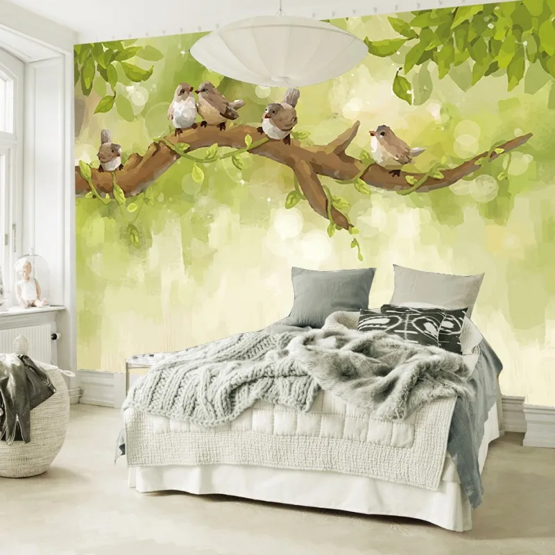 Фото обои ручная роспись Скандинавское дерево Ветка Птица на заказ Гостиная ТВ