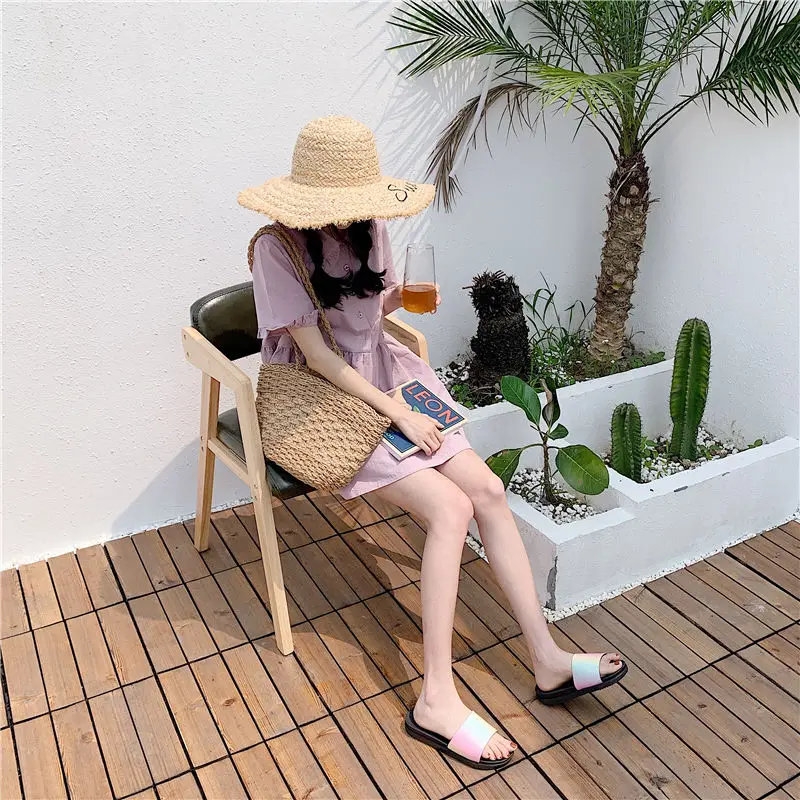 Все YIXIE2019; сезон лето; Новинка; модная женская обувь; тапочки; Повседневные тапочки на плоской подошве с радужными блестками; пляжные сандалии; шлепанцы
