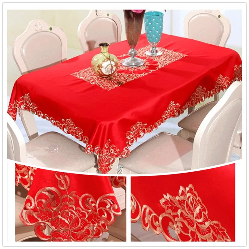 

JUYANG Wedding decor red dining table tablecloth. Red festive table runner. Exquisite embroidery round tablecloth.Various sizes
