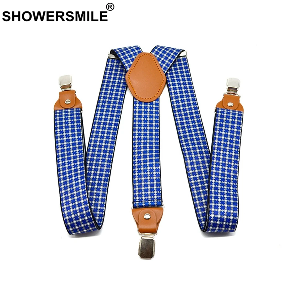 SHOWERSMILE мужские брюки ремень с кожаной синей клетчатой деловой подтяжки широкие регулируемые Elasitic подтяжки 3 зажимы Y Ремни на спине