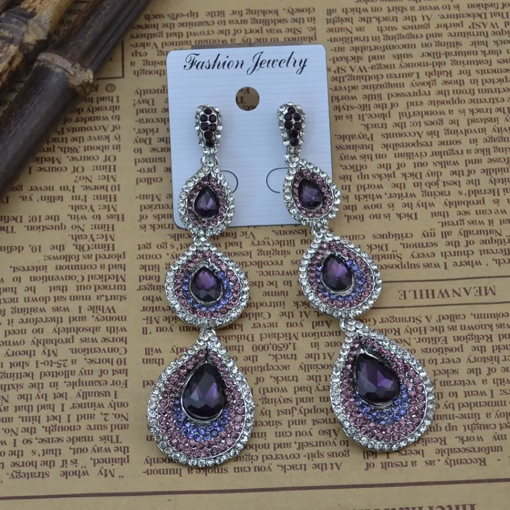Unqiue Зеленый Фиолетовый Синий Rhineston серьги ювелирные изделия Капли Воды Роскошный Кристалл Камень Свадебные серьги Букле д 'ореиль