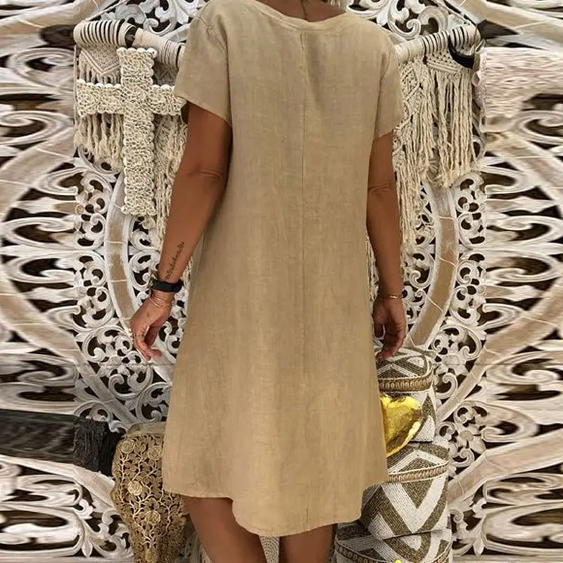 

Newly Women Summer Pure Color A-line Dress with Short Sleeve V Neck m99