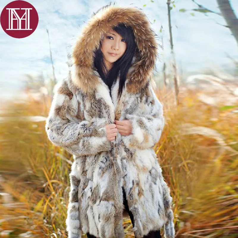 Новое поступление Женское пальто из натурального кроличьего меха с капюшоном