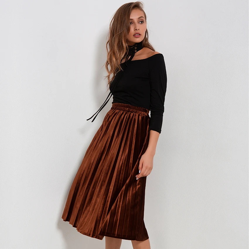 Бархат плиссе Юбки для женщин Для коллекция 2017 г. на осень зиму уличной моды юбка