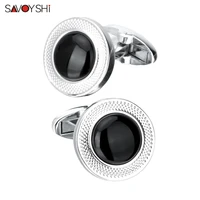 savoyshi luxury black stone cufflinks for mens high quality silver color round carving pattern cuff link gift brand men jewelry