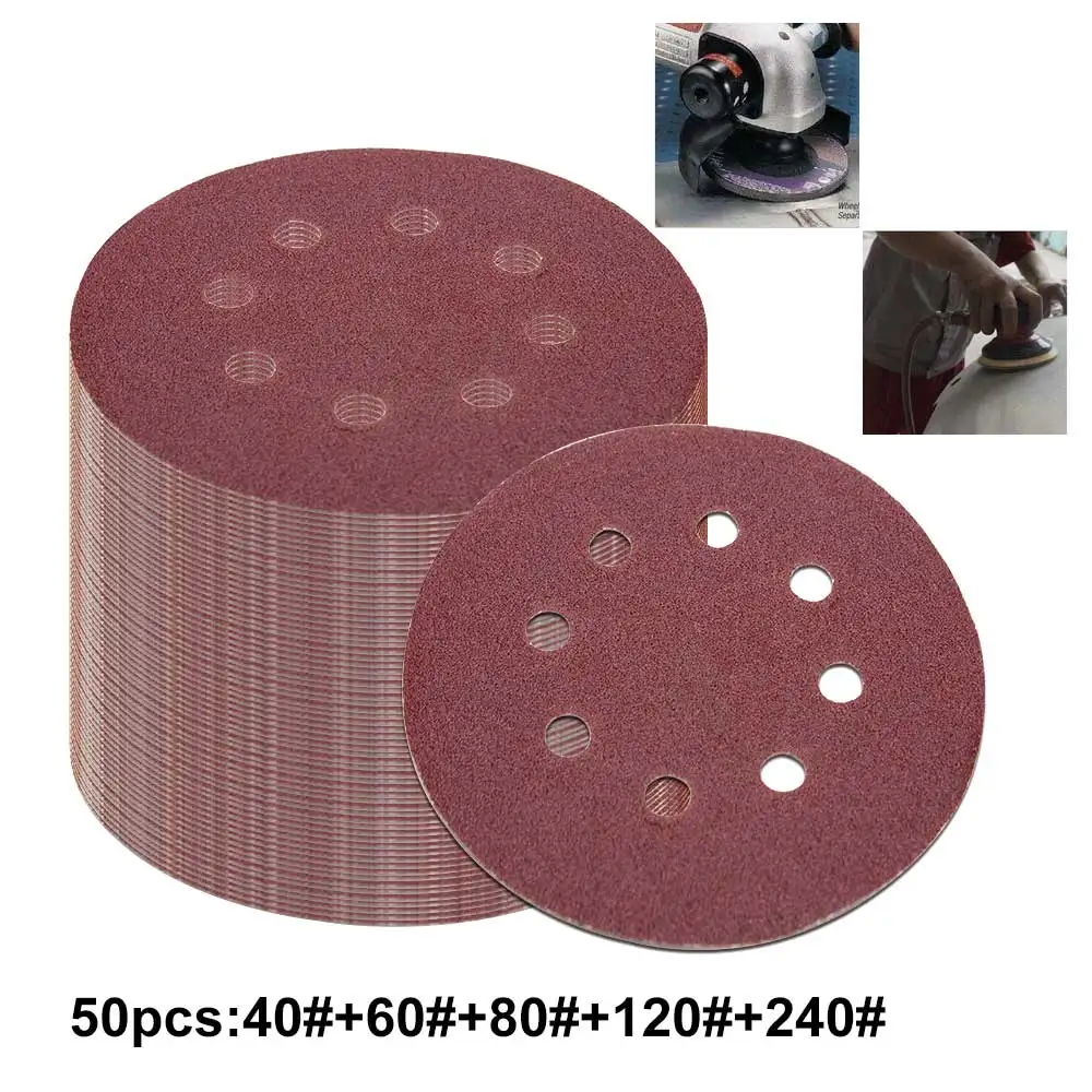 50pcs 30 шт./50 шт. 5 дюймов 125 мм круглая наждачная бумага восемь отверстий диск песочные листы Зернистость 40/60/80/120/240 крюк и петля шлифовальный диск полировка - Цвет: 50pcs