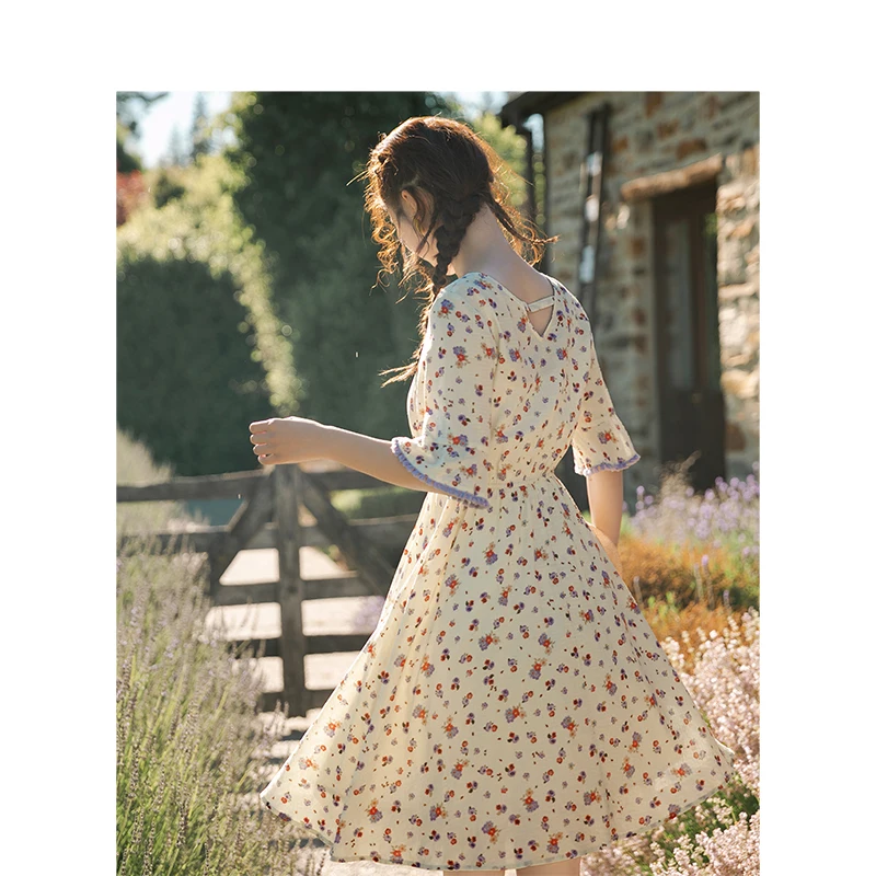 INMAN Summer Elegant Lace V-neck Floral Defined Waist A-line Flare Sleeve Young Girl Literary Women Dress | Женская одежда