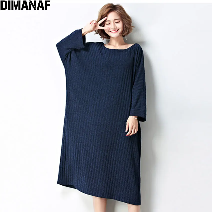 DIMANAF 2017 Women Dress Plus Size Autumn Striped Print Solid Batwing Oversize Cotton Female Casual Fashion Show Thin Warm Dress|warm dress|fashion