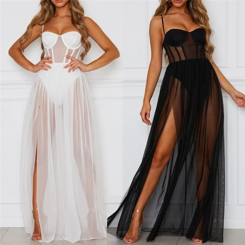 New Fashion Women's Strap Sleeveless Dress Perspective Mesh Ladies Split Long Beach Club Party Wear Summer 2019 | Женская одежда