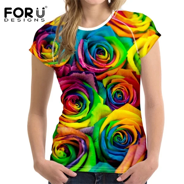 FORUDESIGNS/женская футболка с 3D цветочным принтом с красной розой, модные топы с круглым вырезом и коротким рукавом, брендовая одежда для фитнеса, женские футболки - Цвет: C0121BV..