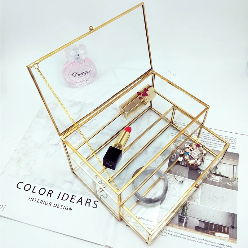 Винтажный стеклянный + медный боковой органайзер для макияжа шкатулка хранения