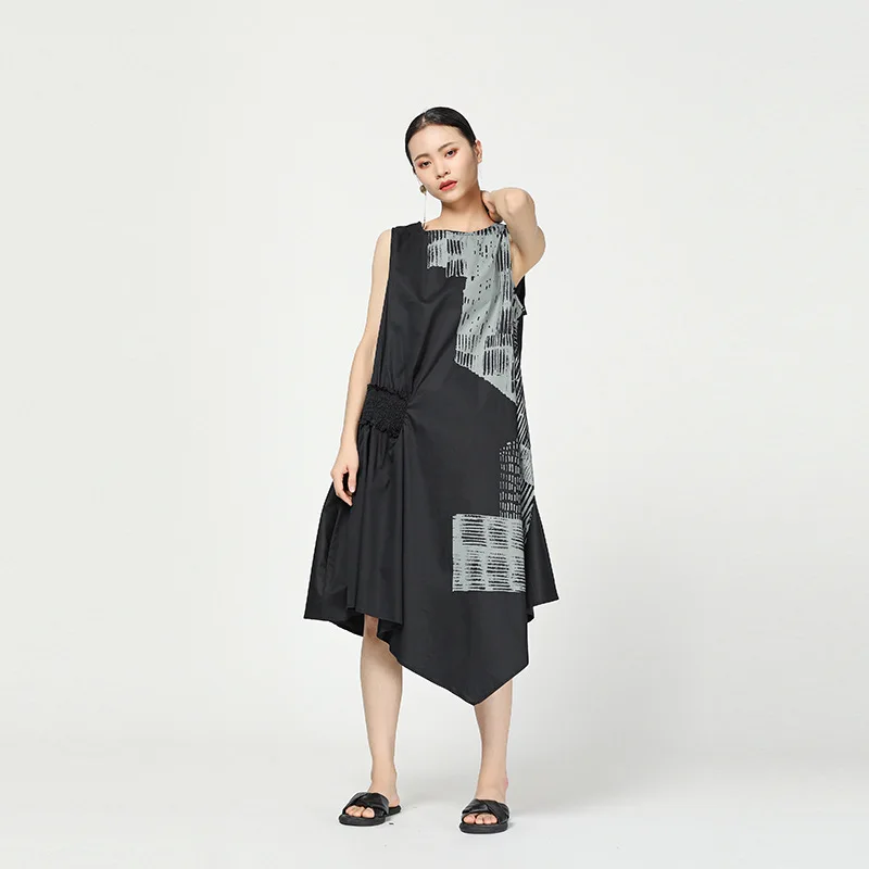 LANMREM 2020 New Summer Fashion Women Clothes Round Neck Sleeveless Printed Inks Asymmetrical Cotton Dress WG90001 vintage | Женская