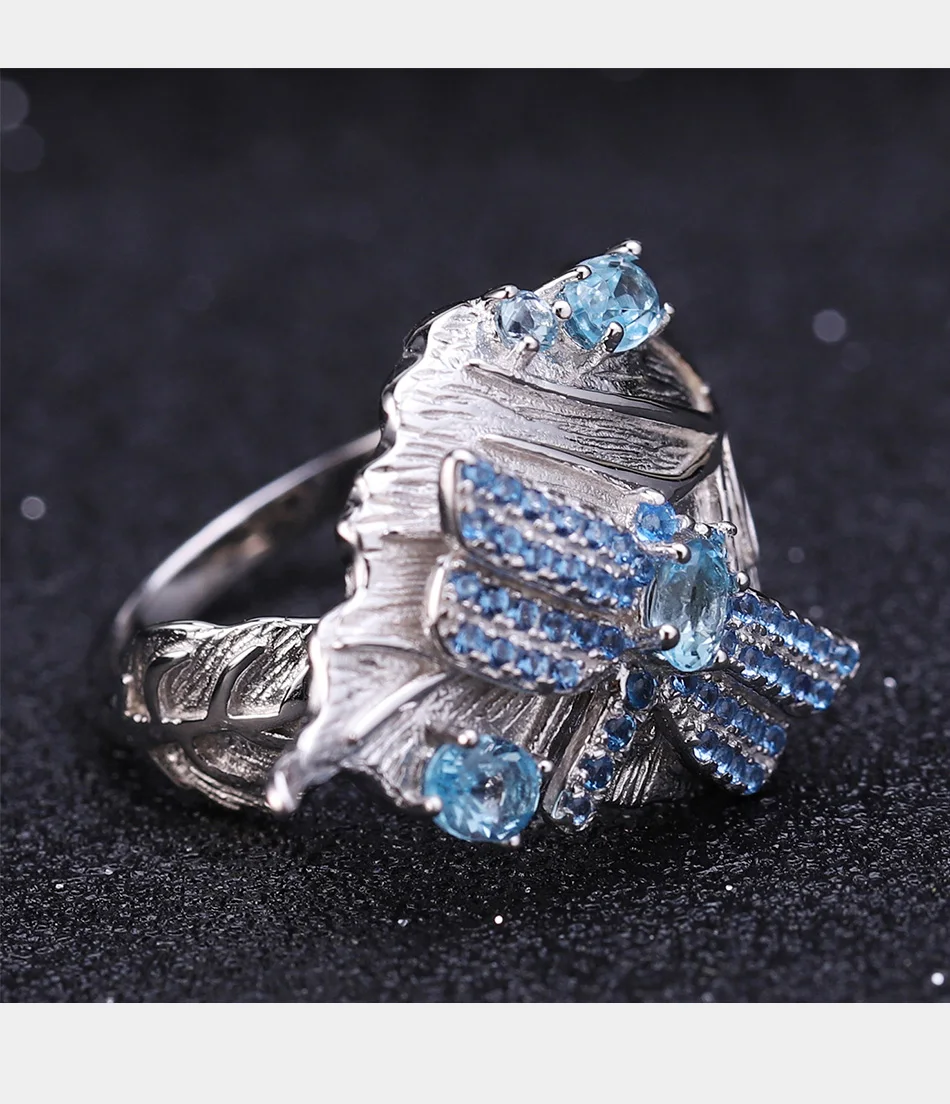 GEM'S BALLET 0.78Ct натуральный Швейцарский Голубой Топаз кольца ювелирные изделия 925 пробы серебро ручной работы Стрекоза лист кольцо для женщин Bijoux