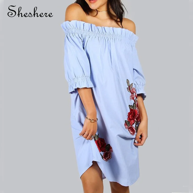 Sheshere женщины цветочная вышивка dress slash шеи с плеча оборками коротким рукавом