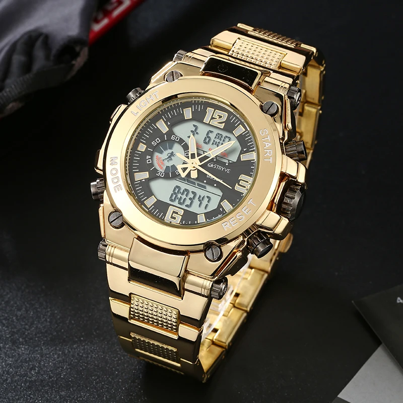 Часы наручные STRYVE мужские спортивные с большим циферблатом модные золотистые
