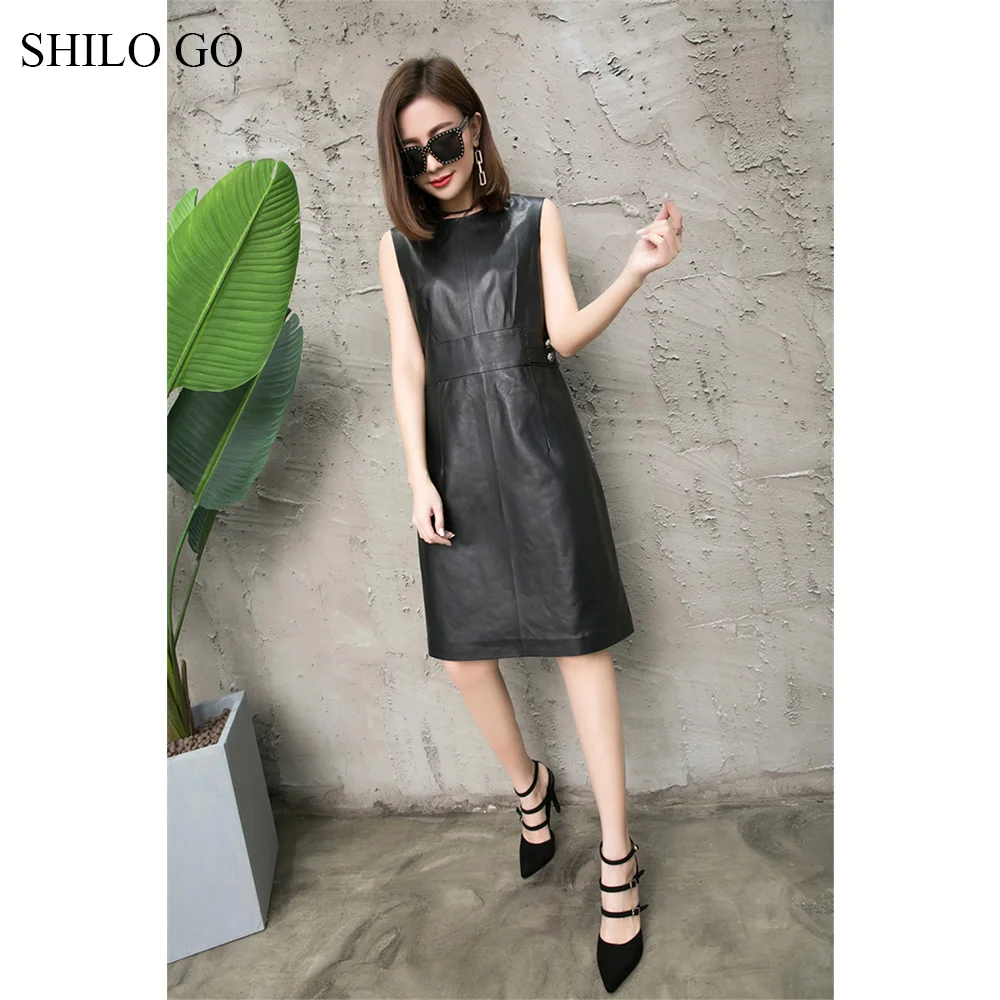 SHILO GO кожаное платье для женщин, летняя мода, овчина, натуральная кожа, платье с круглым вырезом, без рукавов, офисное, для леди, OL, Лаконичное платье