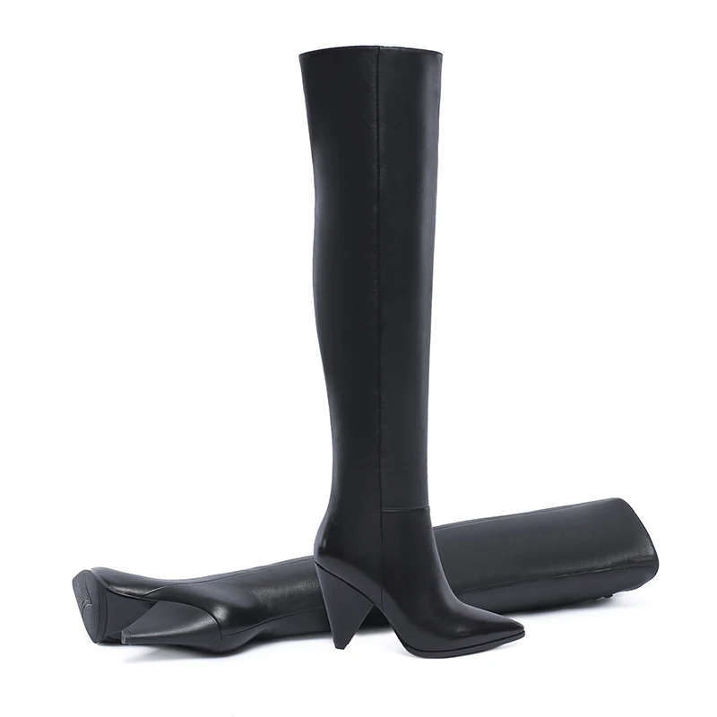 Женские сапоги выше колена из коровьей кожи с острым носком|Ботфорты| |