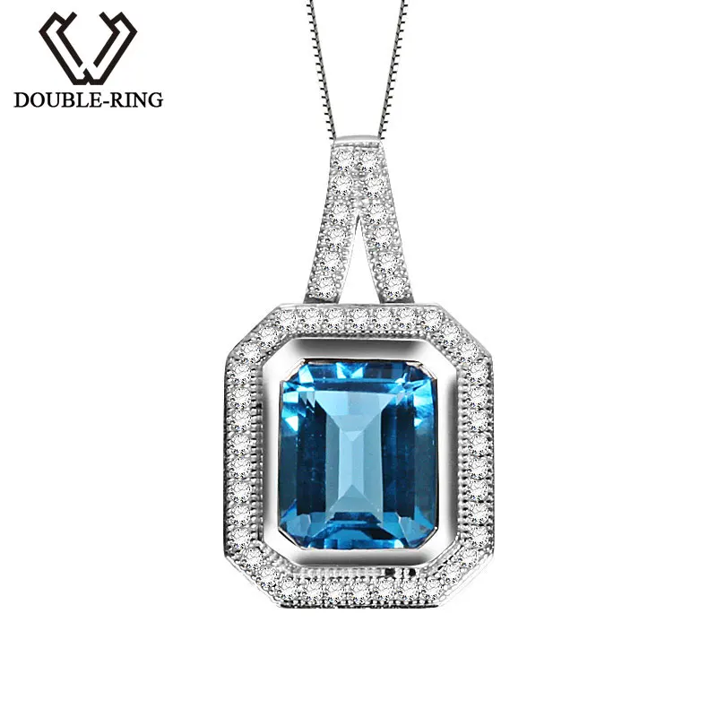 

DOUBLE-RING Classical Silver Pendant with Natural Octagan Blue Topaz Sterling Silver Penadnt CASP00757C (Chain for Free Gift)
