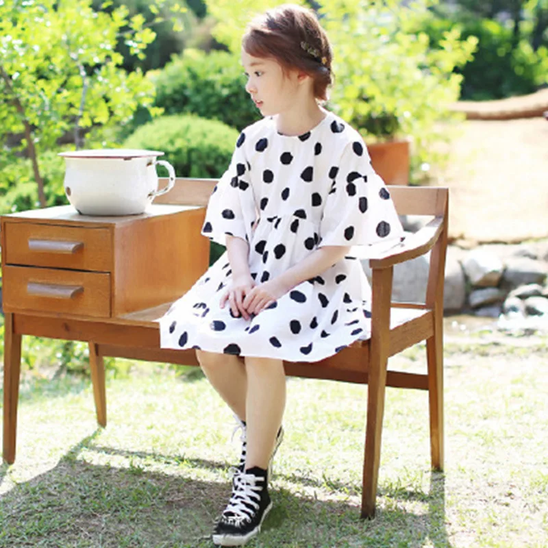 2018 летнее шифоновое платье для девочек платья в горошек с расклешенными рукавами