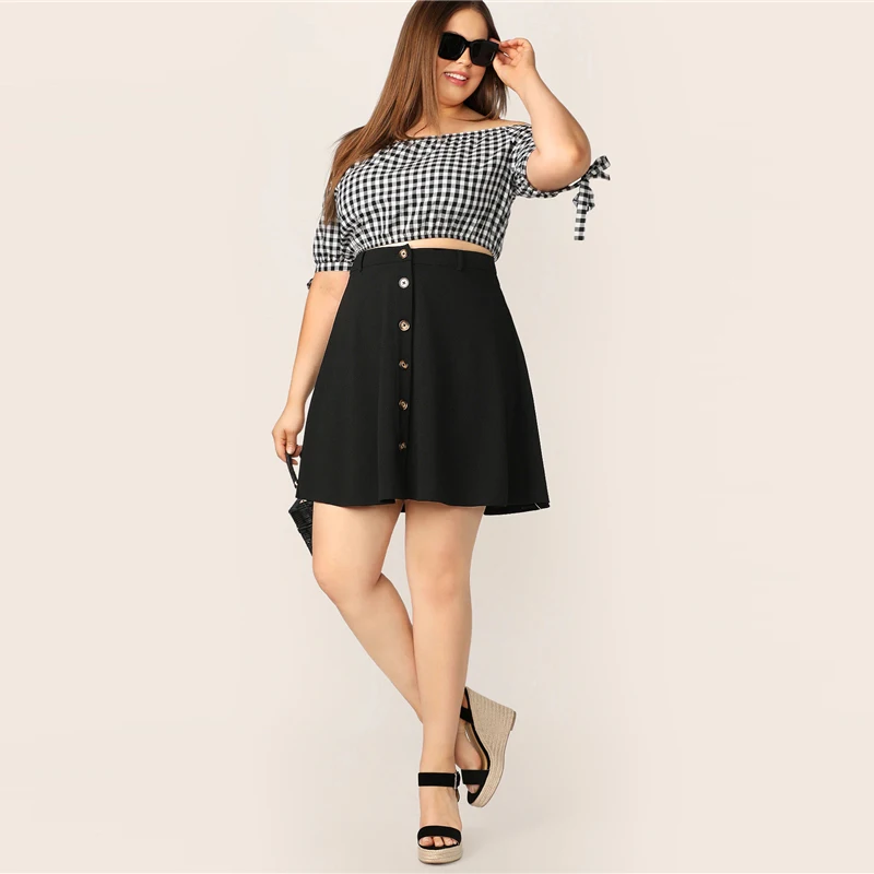 SHEIN Размера Плюс Юбка-Клёш Женская Летняя Черная Короткая Юбка С Пуговицами
